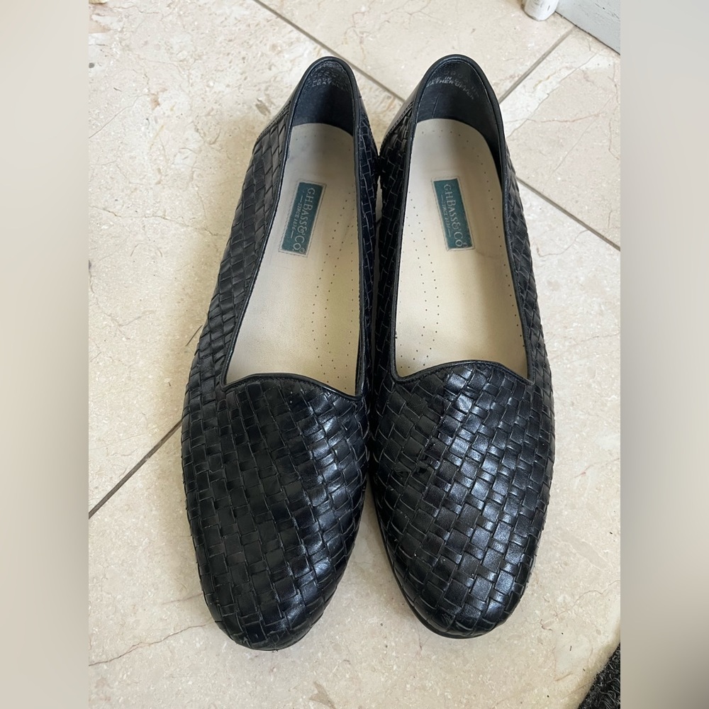 𝅺VINTAGE G.H. Bass & Co Women's black Woven Leather Slip On Flats Loafers sz11​